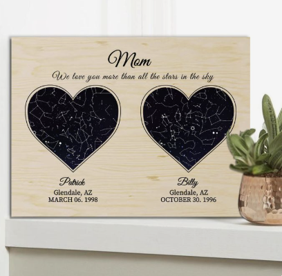 wooden star map for mom with words and images of star alignments