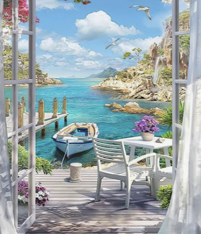 porch with ocean view and dock with a small boat and table.